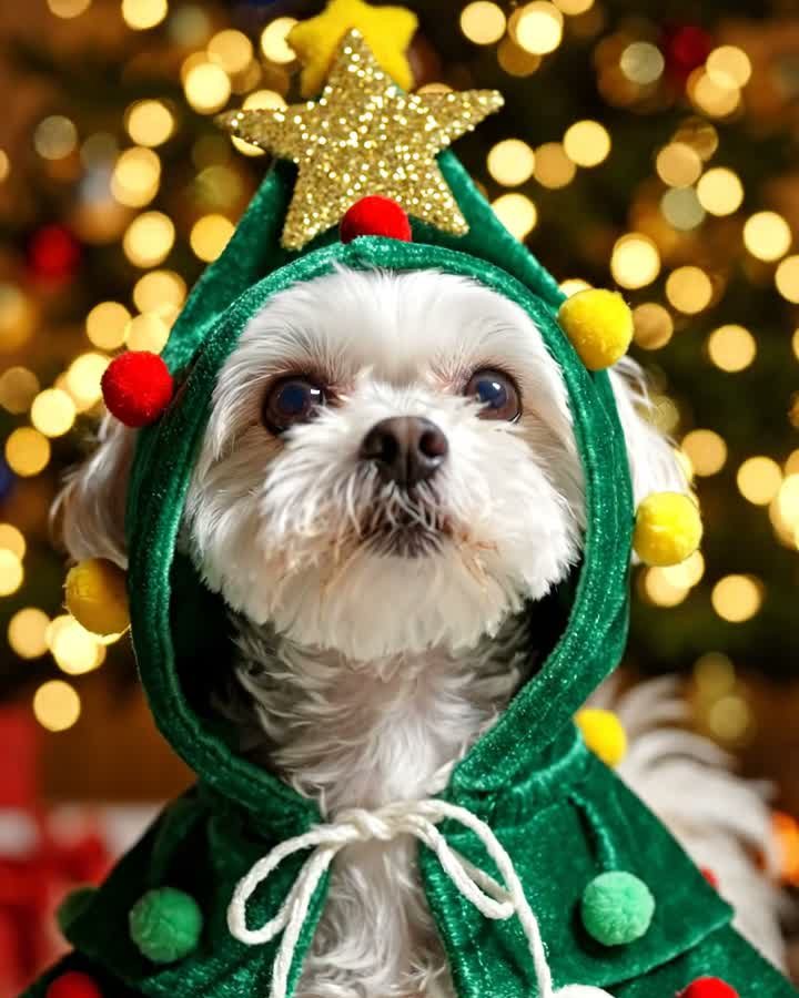 Dog in green tree cape close up