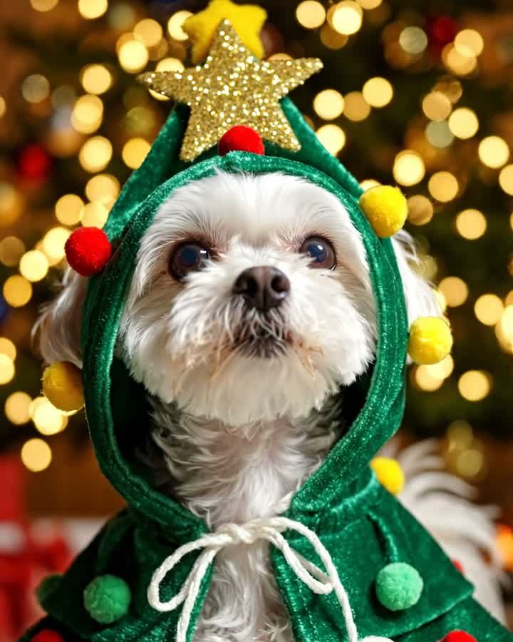 Dog wearing the green Christmas-tree hooded cape