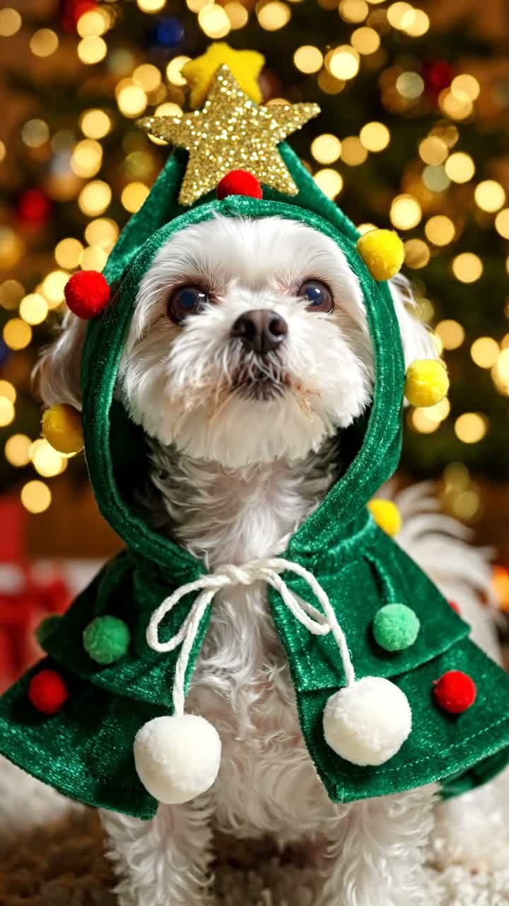 Small white dog wearing a green Christmas-tree hooded cape with a gold star