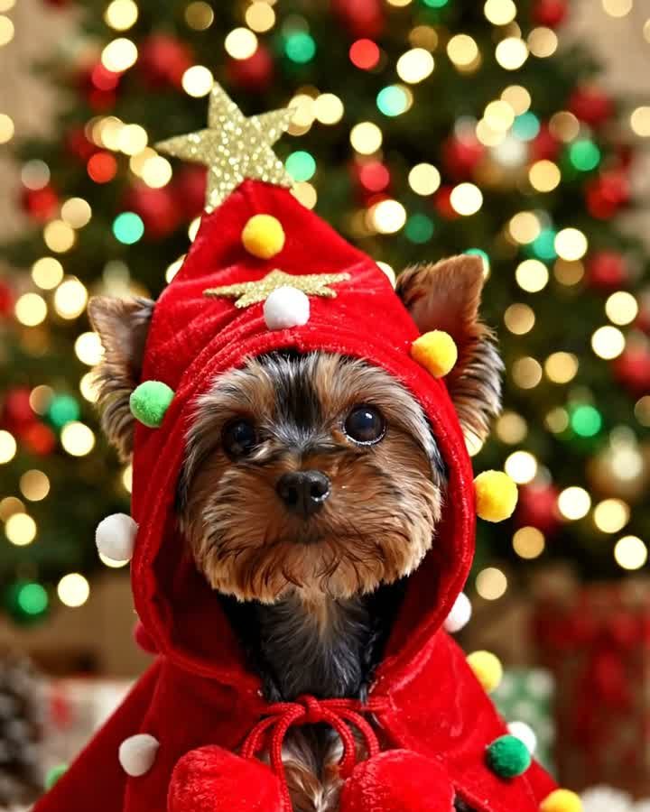 Dog in red tree cape close up
